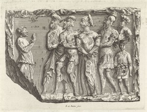 Reliëf met soldaten met vastgebonden vrouw of heilige
