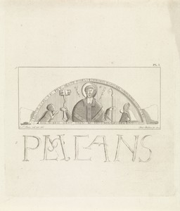 Reliëf op het timpaan van Egmond met heilige Petrus en graaf Dirk VI van Holland en gravin Petronella