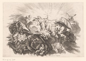 Religieuze voorstelling met figuren in wolken