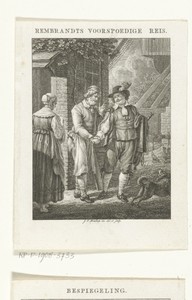 Rembrandt Harmensz. van Rijn met schildersmaterialen onder zijn arm geeft oude man hand