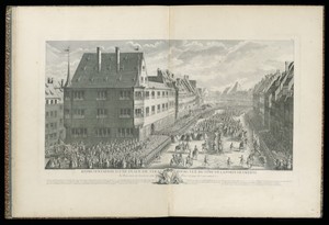 REPRÉSENTATION D’UNE PLACE DE STRASBOURG VUË DU CÔTÉ DE LA PORTE DE SAVERNE. Le Roi LOUIS XV. traversa cette Place le jour de son entrée