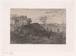 Rietgedekte boerderij in een landschap