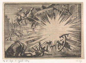 Rijtuig en de paarden van koning Lodewijk XIII door ontploffing van een helse machine vernield, ca. 1625