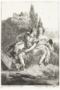 Rinaldo en Armida als liefdespaar aangetroffen bij een meer door twee ridders