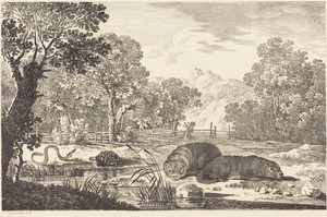 River Landscape with Two Beavers