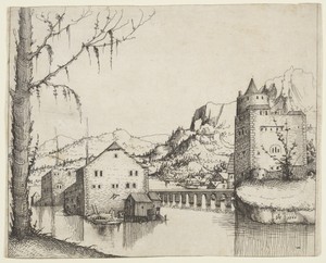 River Landscape with Two Buildings Connected by a Bridge