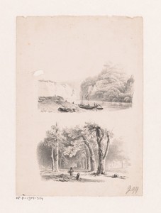 Rivier in berglandschap en laan met wandelaar