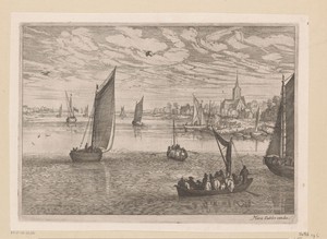Riviergezicht met boten, rechts een kerk