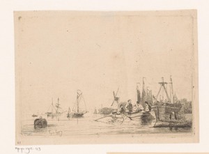 Riviergezicht met drijvende ton, een roeiboot en zeilboten