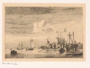 Riviergezicht met drijvende ton, een roeiboot en zeilboten