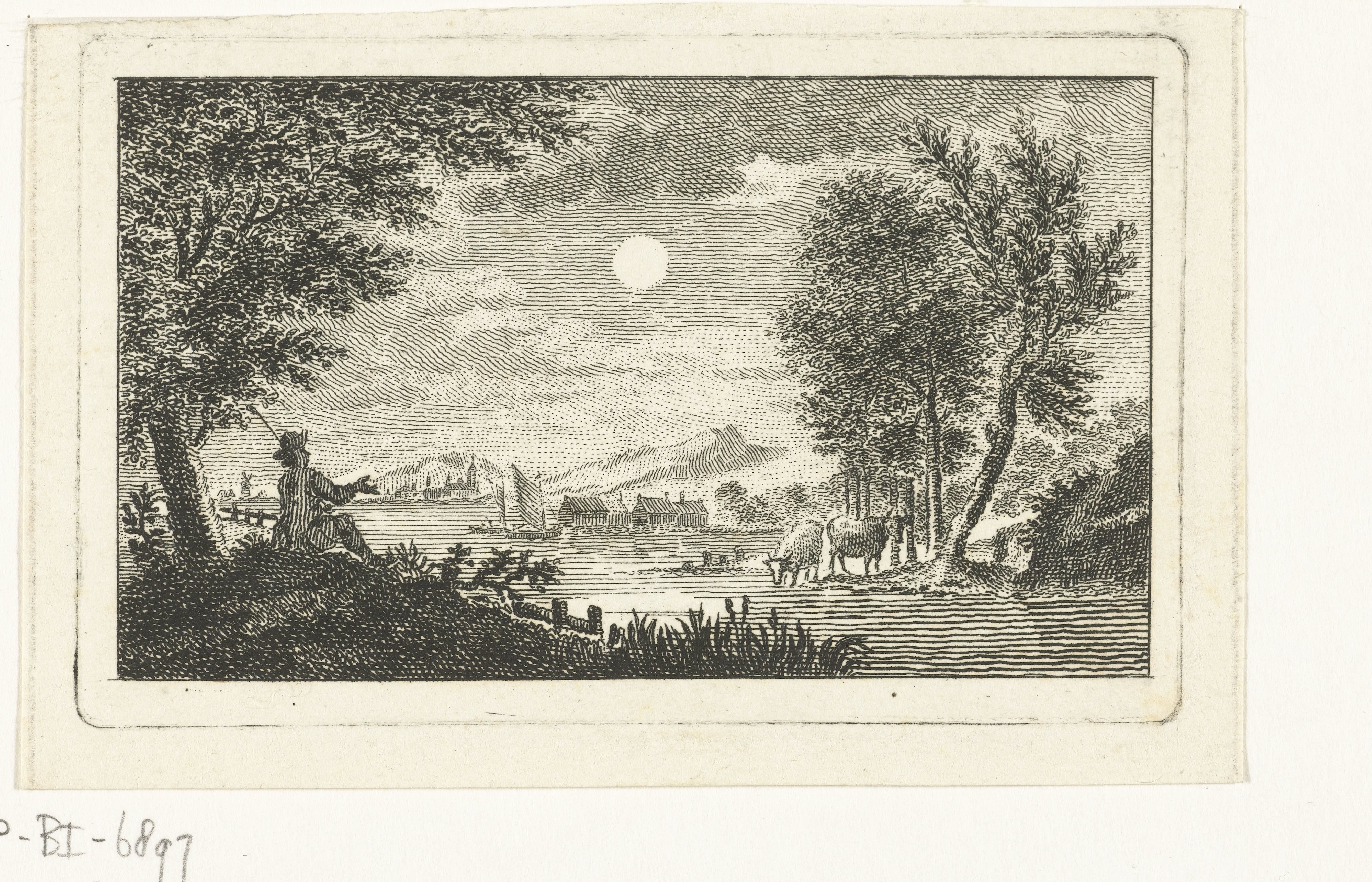 Riviergezicht met herder in maanlicht by Abraham Delfos
