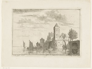Riviergezicht met kasteel op oever