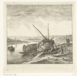 Riviergezicht met man die een boot kalefatert