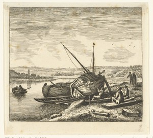 Riviergezicht met man die een boot kalefatert
