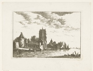 Riviergezicht met poortgebouw en kerk op oever