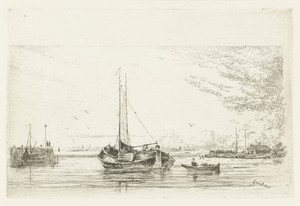 Riviergezicht met schuit en roeiboot