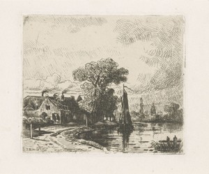 Riviergezicht met zeilschip
