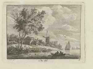 Riviergezicht op de IJssel met molen en boerderij op oever