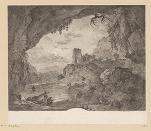 Rivierlandschap bij maanlicht, gezien vanuit een grot