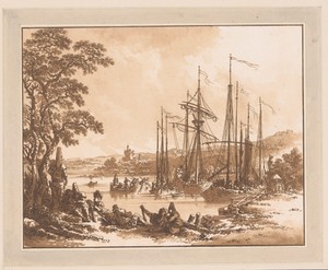 Rivierlandschap met aanleggende schepen en soldaten aan de kant