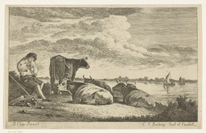 Rivierlandschap met boer en koeien op oever