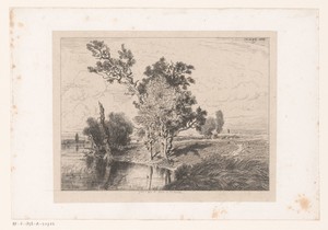 Rivierlandschap met bomen en een zandpad langs de oever