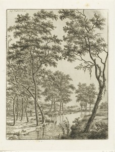 Rivierlandschap met bomen, in de verte twee ruiters