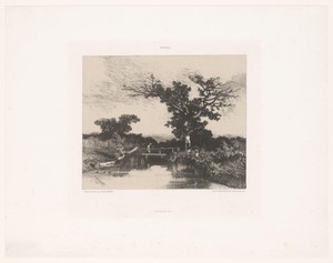 Rivierlandschap met boom en smalle brug
