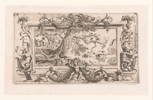 Rivierlandschap met boom in een cartouche met saters