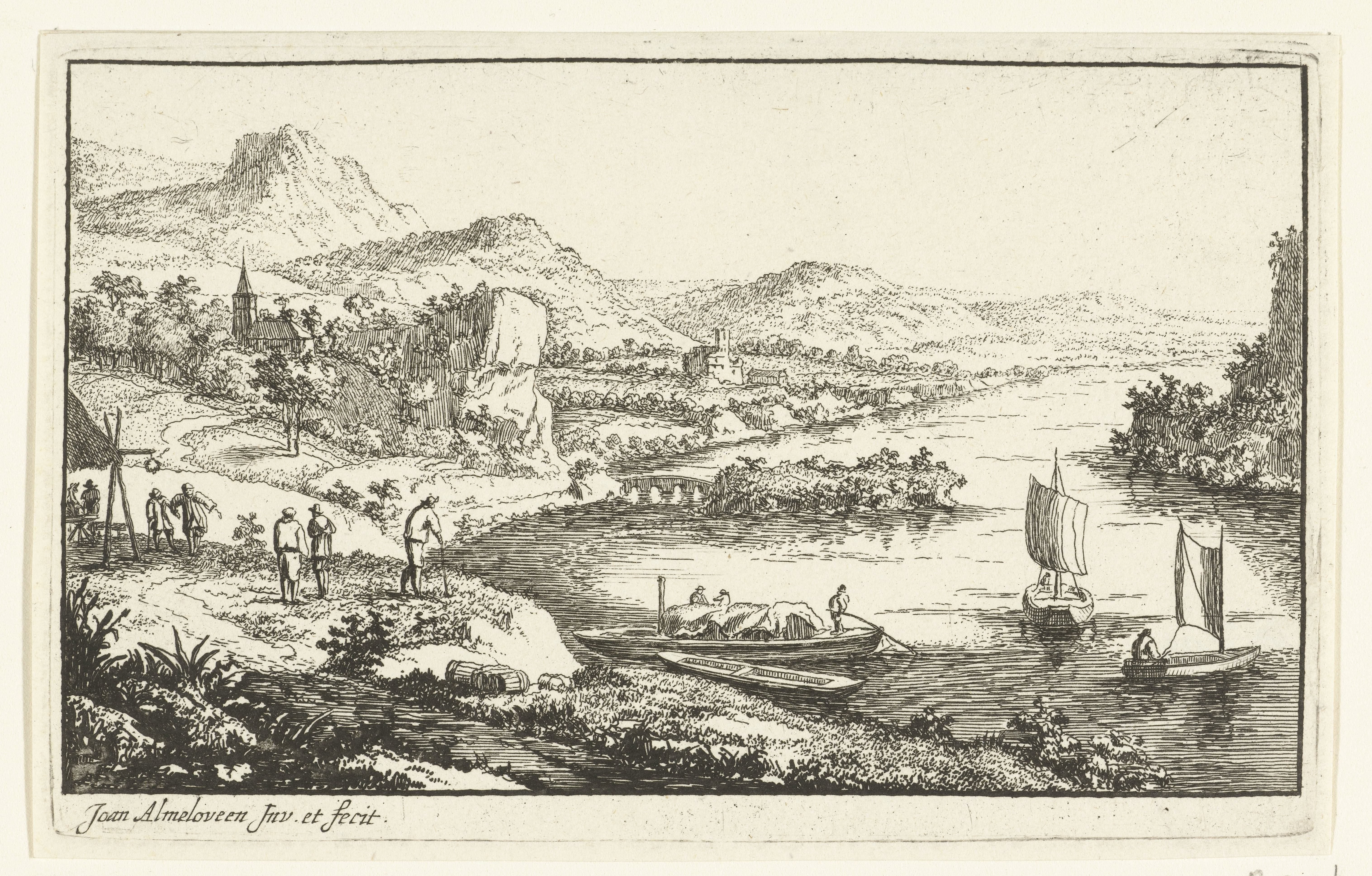 Rivierlandschap met brug en eiland by Jan van Almeloveen