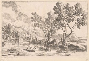 Rivierlandschap met brug en vissers