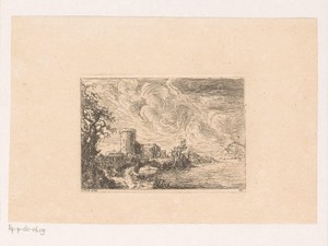 Rivierlandschap met dorp en toren
