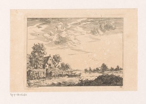 Rivierlandschap met dorp en twee aangemeerde boten