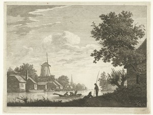 Rivierlandschap met dorp met molen aan het water