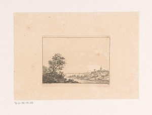 Rivierlandschap met dorp op de achtergrond