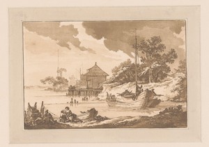 Rivierlandschap met drie boten en een huis op een steiger