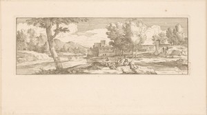 Rivierlandschap met drie rustende figuren