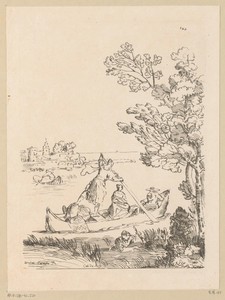 Rivierlandschap met een boot geroeid door een vrouw