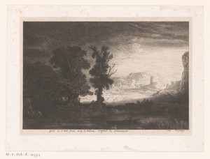 Rivierlandschap met een brug en bomen, op de achtergrond een molen