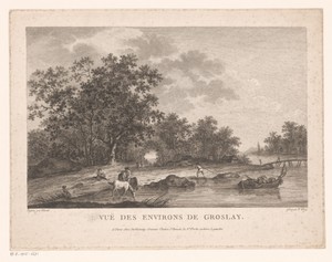 Rivierlandschap met een brug en figuren langs de waterkant