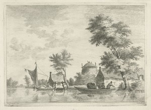 Rivierlandschap met een hooiberg