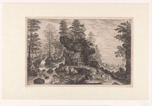 Rivierlandschap met een hut onder een rots