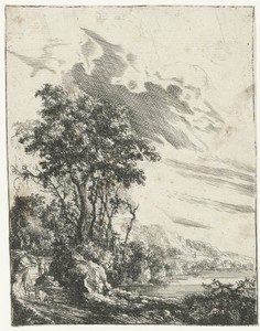 Rivierlandschap met een man en een geit