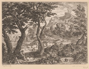 Rivierlandschap met een reiziger langs een pad gezeten