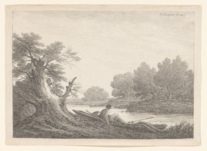 Rivierlandschap met een roeier rustend in zijn boot aan de oever