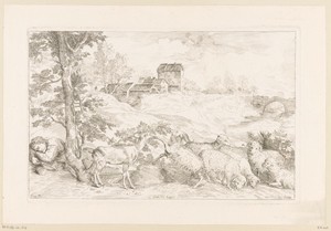 Rivierlandschap met een slapende herder met zijn kudde