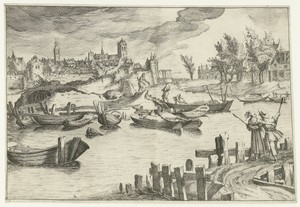Rivierlandschap met een stad op de achtergrond