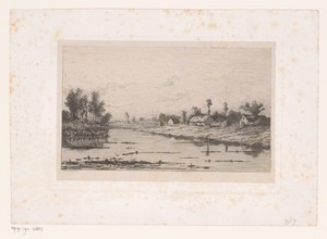 Rivierlandschap met enkele gebouwen