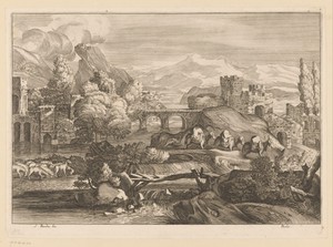 Rivierlandschap met ezels en schapen