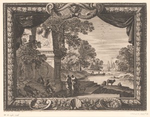 Rivierlandschap met figuren bij een grafmonument